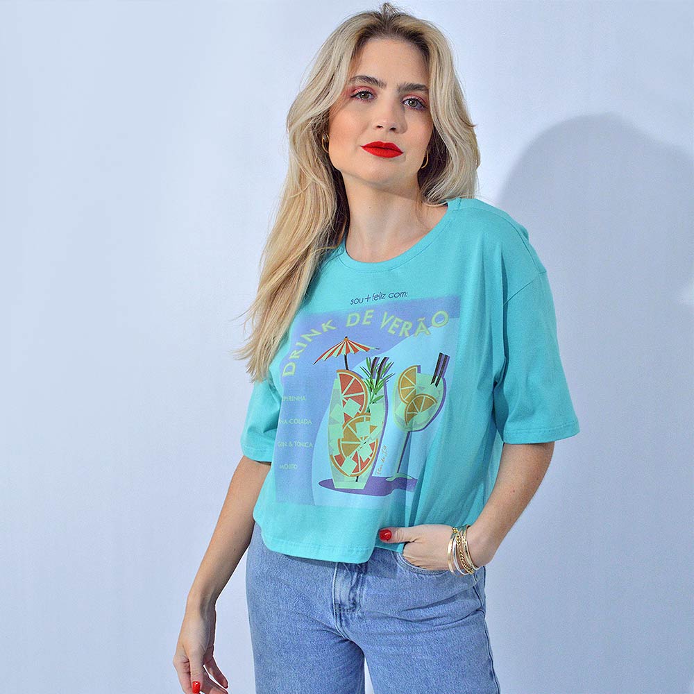 T Shirt Cropped Flor De Lis Azul Pole Modas