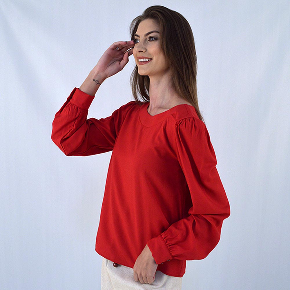 Blusa Viscose Manga Longa Bufante Vermelha Flor De Lis Pole Modas