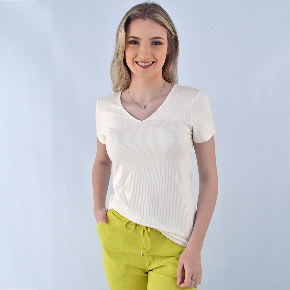 Blusa Canelada Off White Flor de Lis Viscolycra  - Foto 1