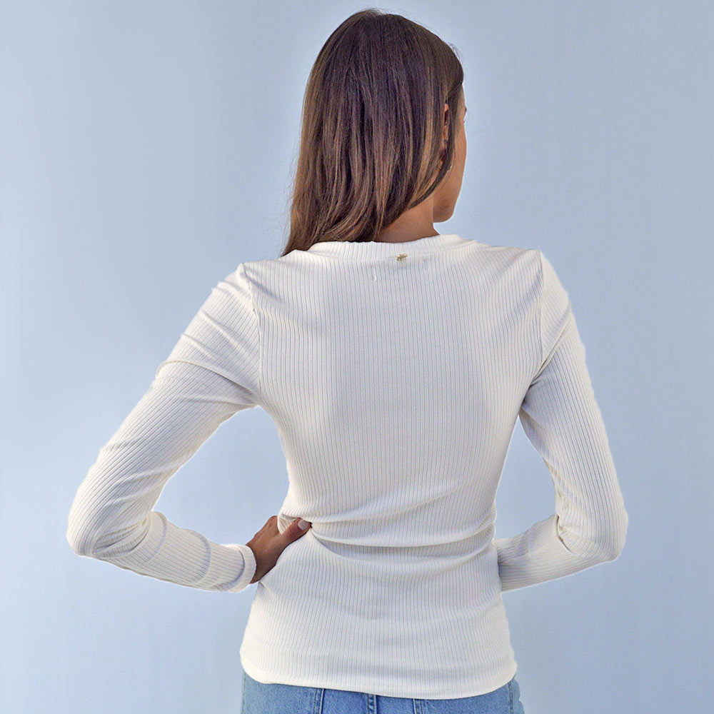 Blusa Viscolycra Canelada Flor de Lis Off White - Foto 2