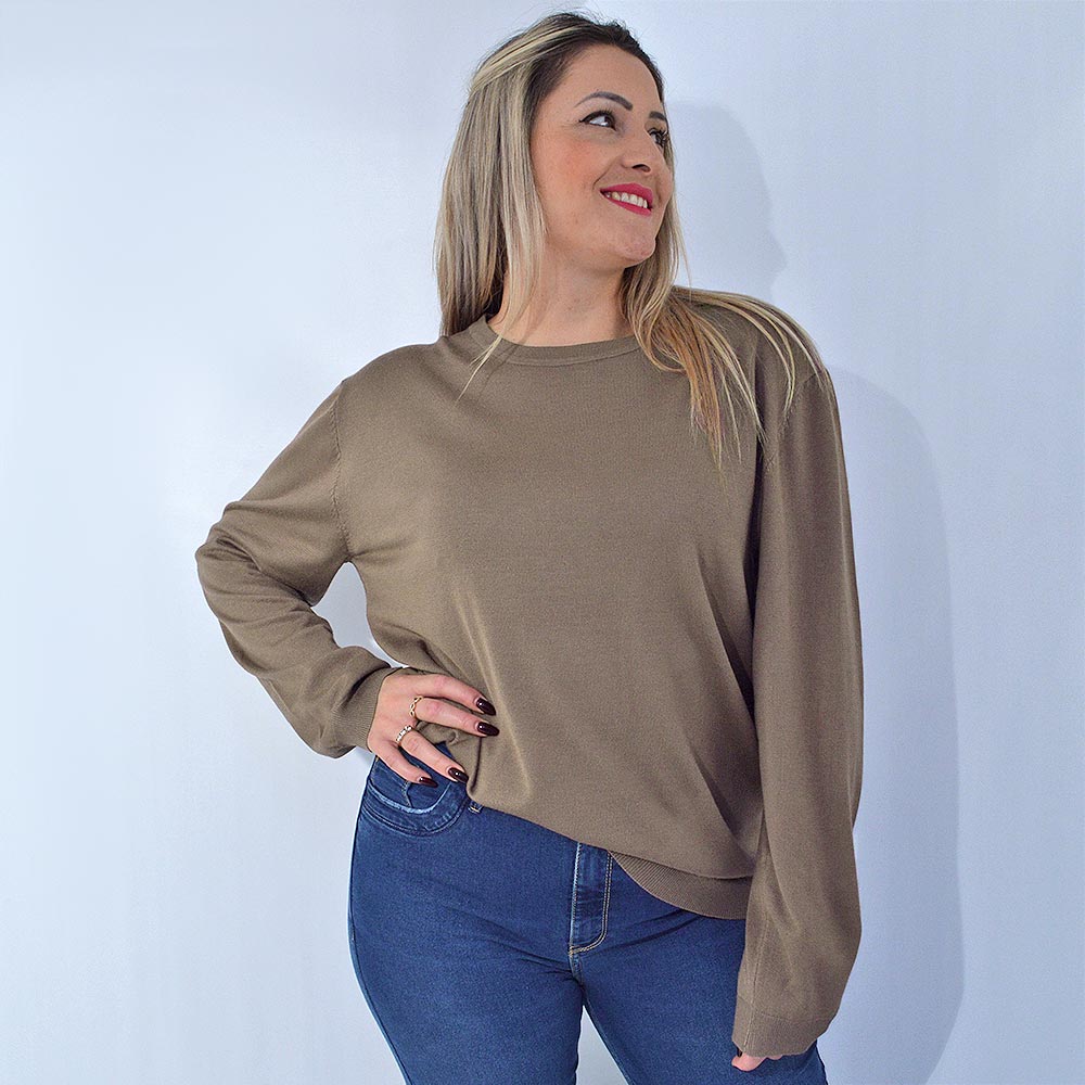 Blusa Malha Plus Size Miose Taupe - Foto 1