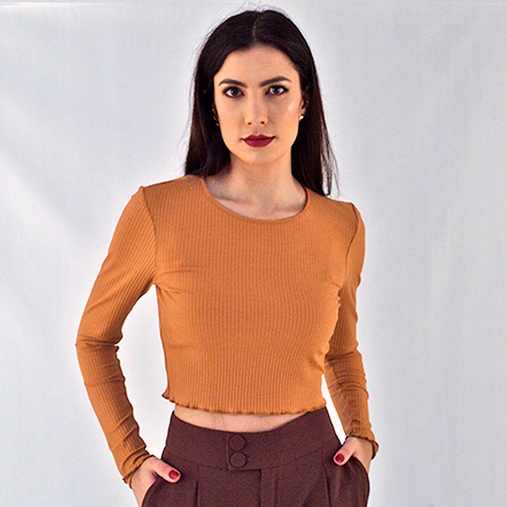 Blusa Cropped Canelada Flor De Lis Camel Pole Modas 