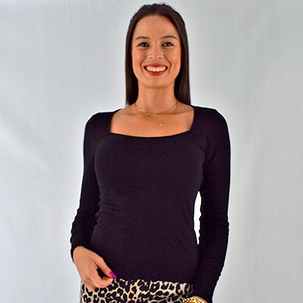 Blusa Canelada Decote Quadrado Flor de Lis Preta - Foto 3