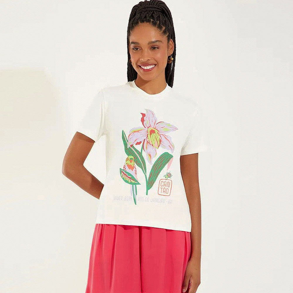 T-Shirt Slim Maxi Flor Bordada Off White Canto - Foto 1