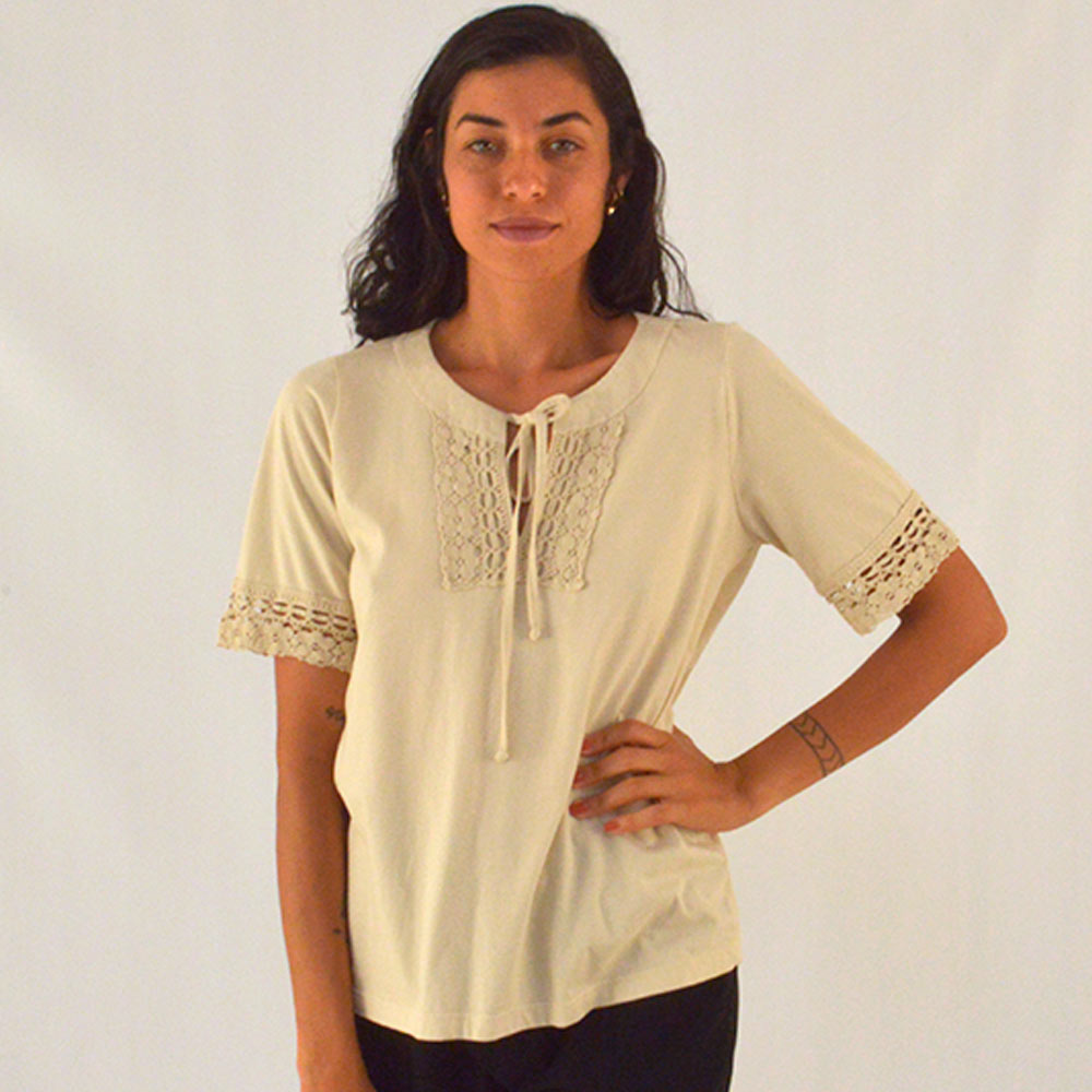 Blusa Algodo Com Detalhe De Renda Cor Cru Reserva Natural  - Foto 1