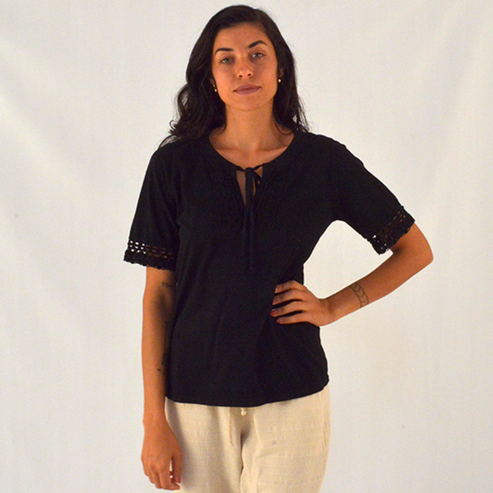 Blusa Algodo Com Detalhe De Renda Cor Preto Reserva Natural  - Foto 1