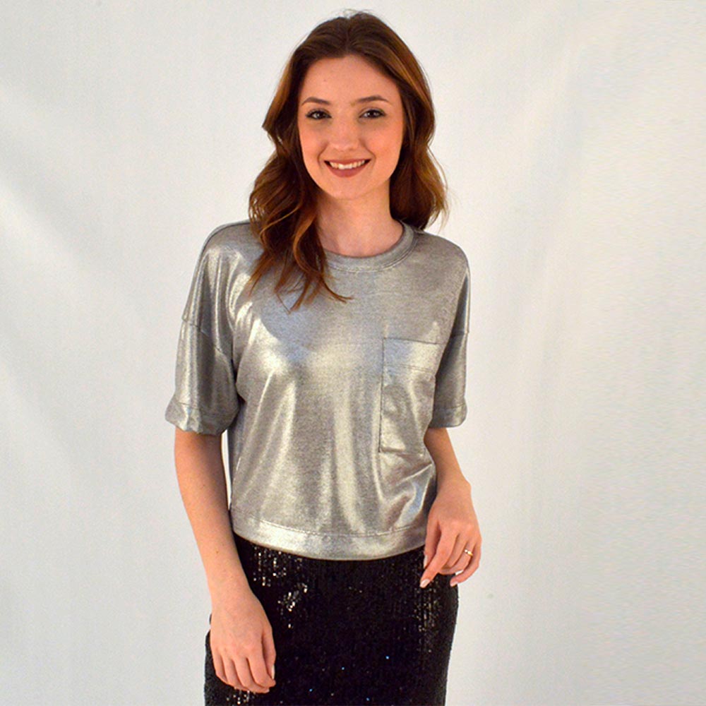 Blusa Cropped Metallic Prata Betelgeuse - Foto 1