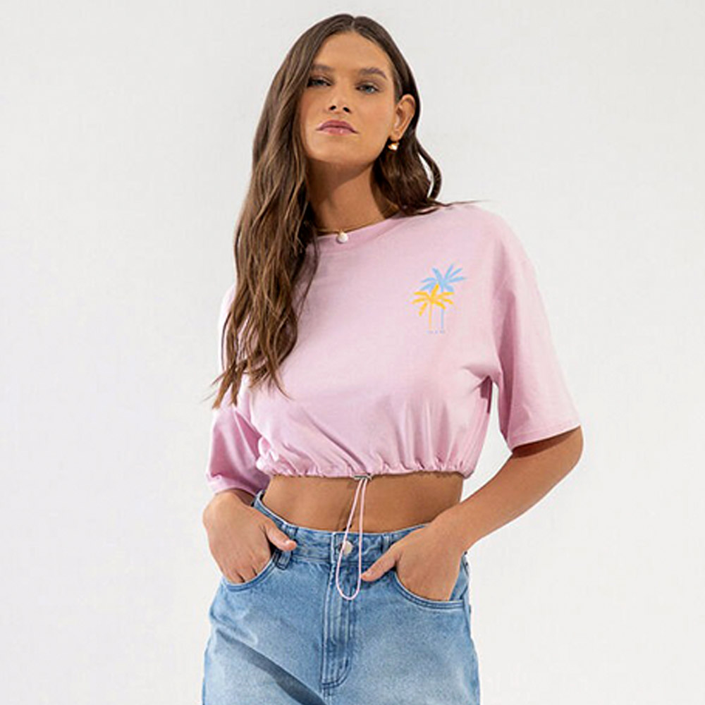 T-shirt Cropped em Malha Prime com Regulador Cor Rosa Lez a Lez - Foto 1