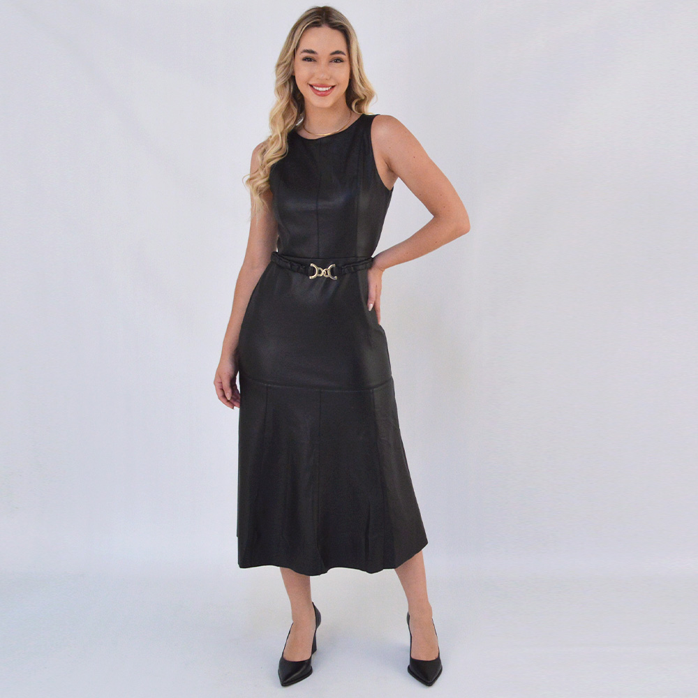 Vestido preto sale couro fake