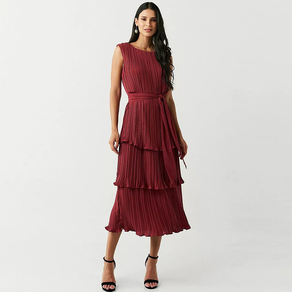 Vestido Midi Plissado Camadas Em Crepe Cor Vinho Innocence - Foto 1