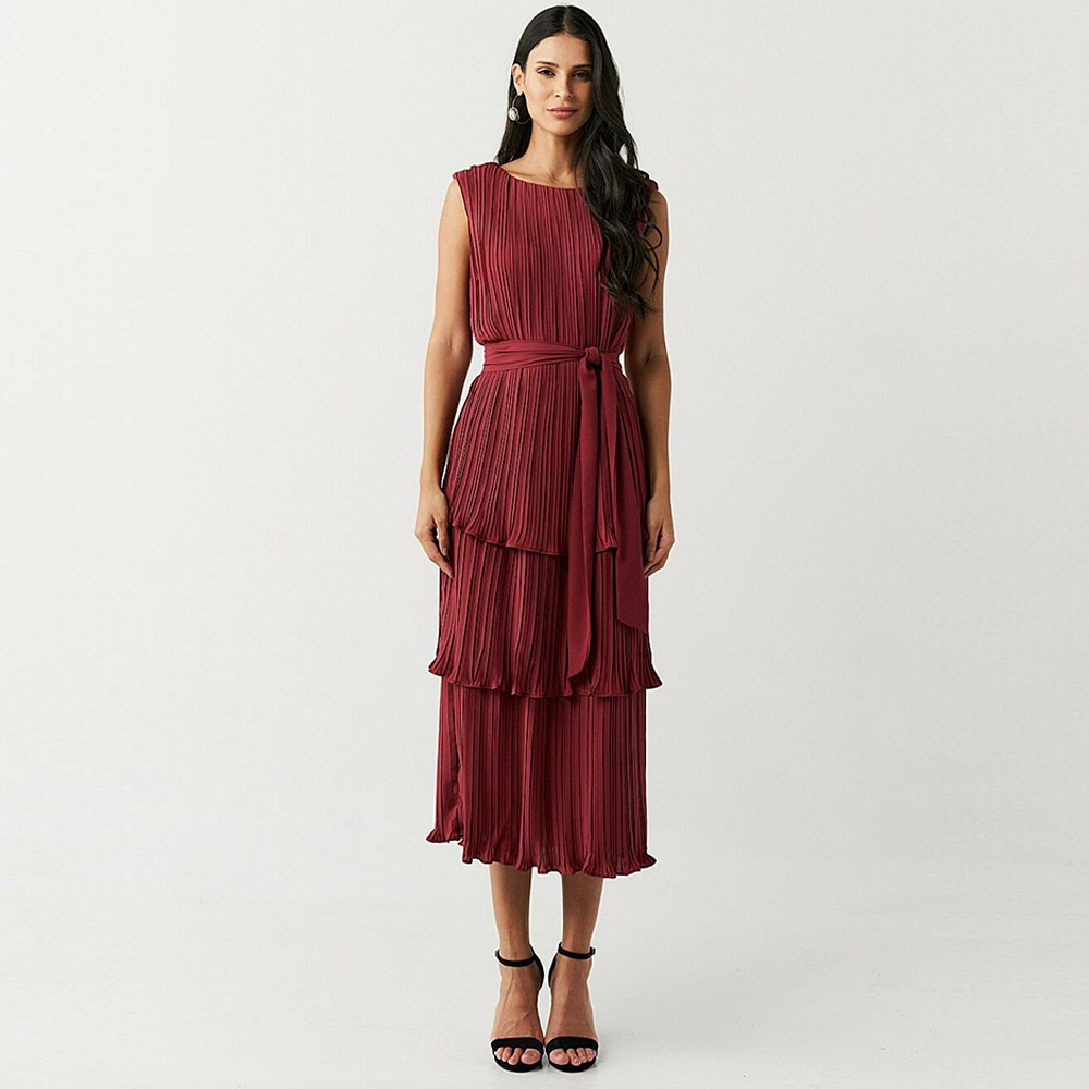 Vestido Midi Plissado Camadas Em Crepe Cor Vinho Innocence - Foto 2