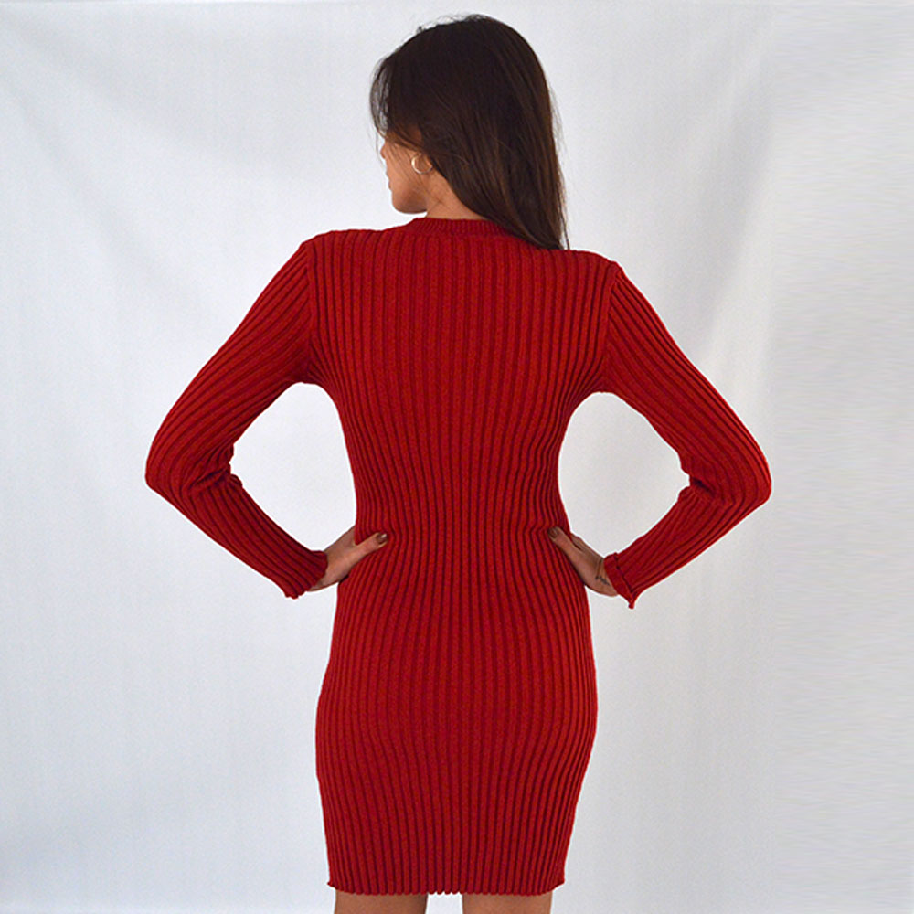 Vestido Tricot Canelado Longo Cor Vermelho Malhas Gida - Foto 3