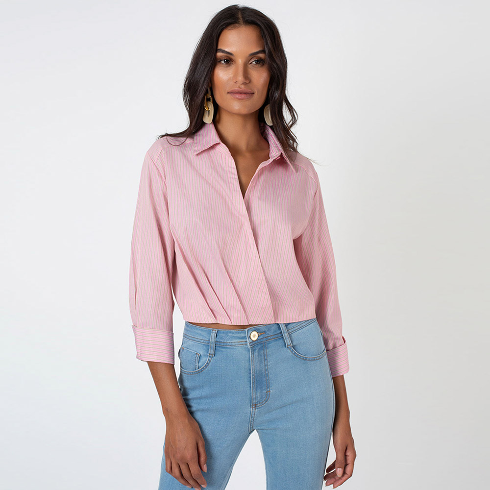 Camisa Cropped Listrada Pink Flor de Lis - Foto 1