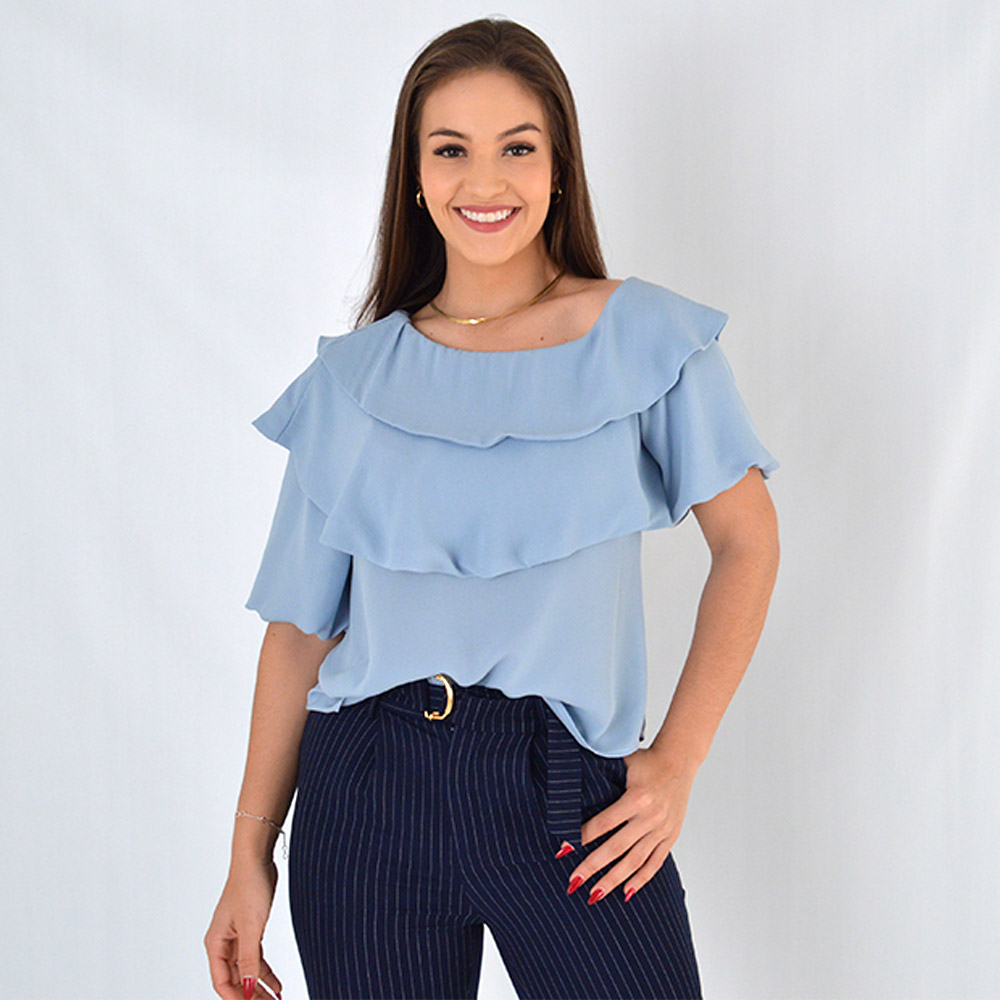 Blusa Ombro Cado Gatos e Atos Azul - Foto 1