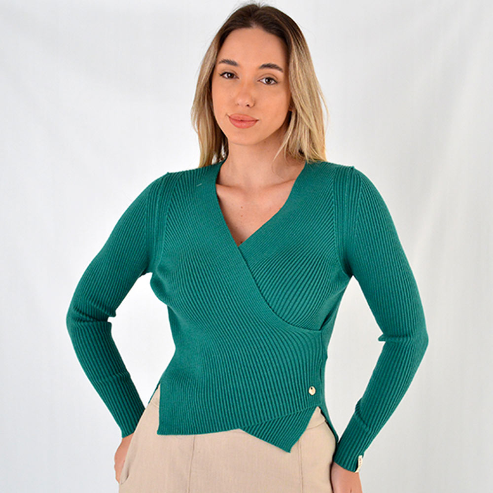 Blusa Tricot Canelada Transpassada Biamar Cor Verde - Foto 1