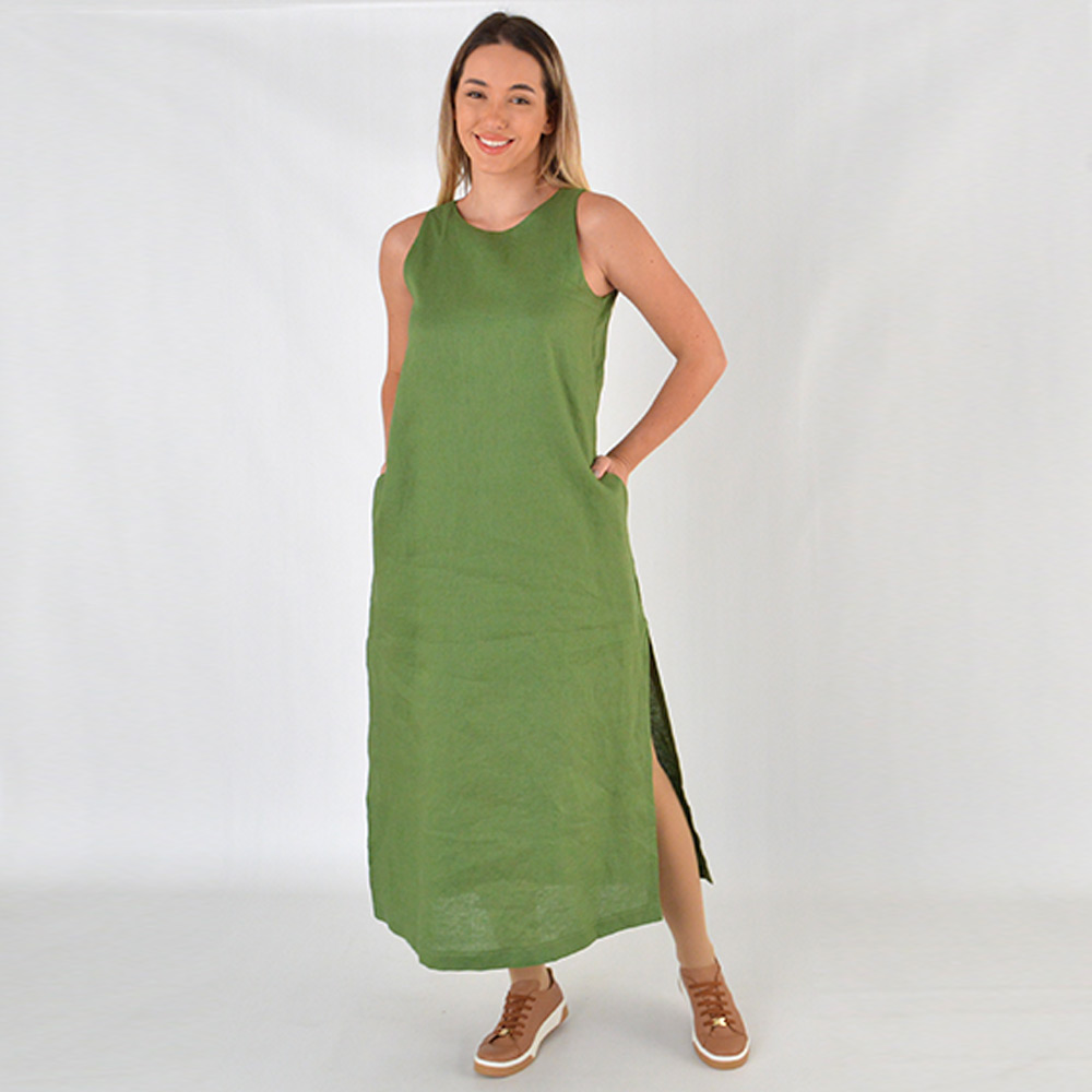 Vestido Midi Em Linho Verde Delamo - Foto 1