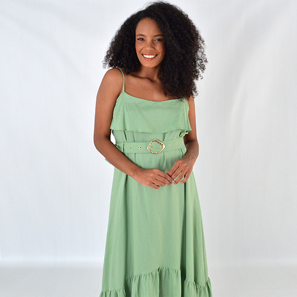 Vestido Em Viscolinho Longo Com Cinto Kaele Verde - Foto 2