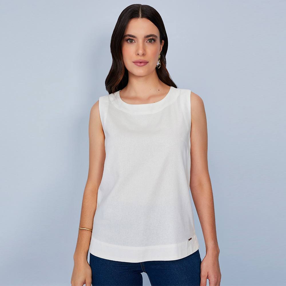 Blusa Regata de Viscolinho Off White Scalon - Foto 1