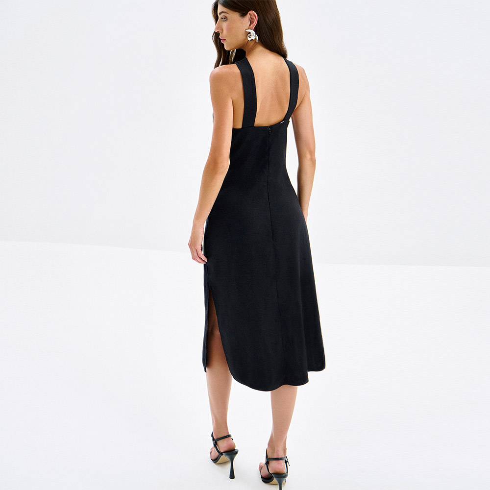 Vestido Midi em Linho com Decote Cross Neck Preto Lez a Lez - Foto 3