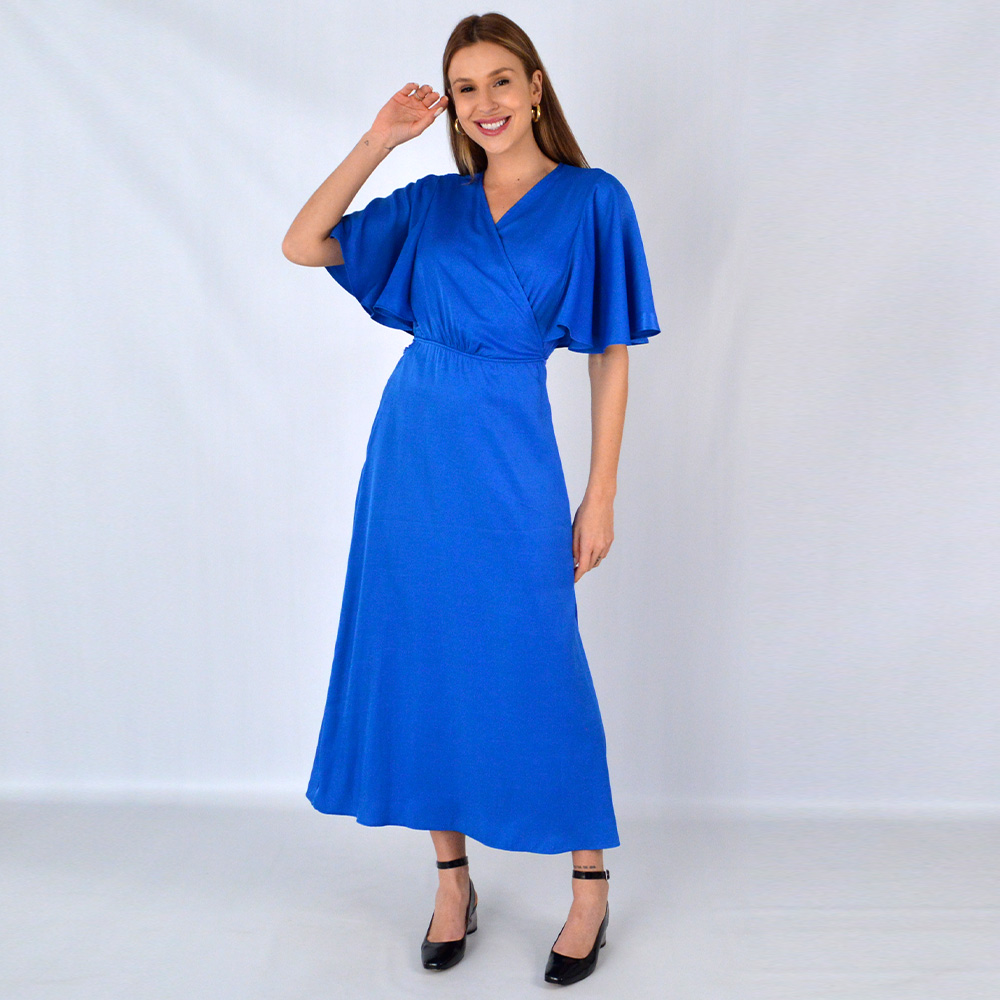 Vestido Midi Transpassado Acetinado Azul Lez a Lez - Foto 1