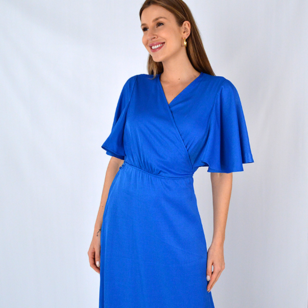 Vestido Midi Transpassado Acetinado Azul Lez a Lez - Foto 2