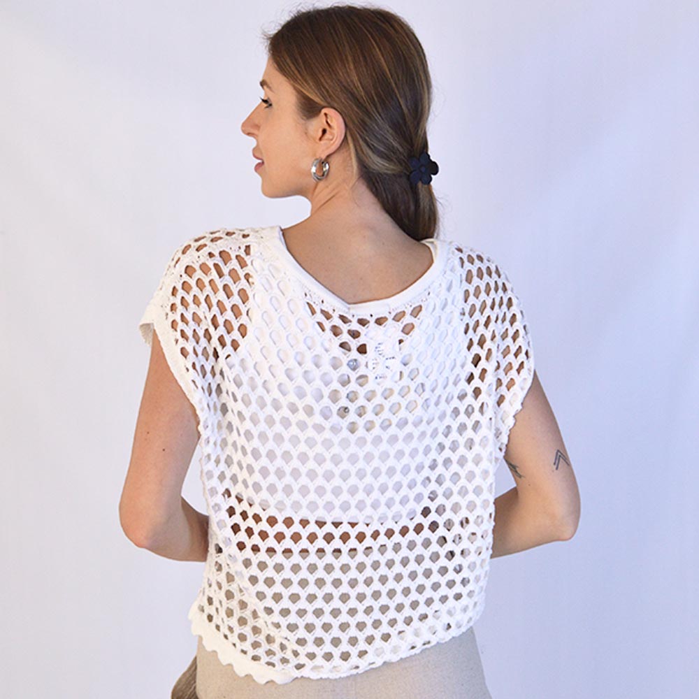 Blusa Cropped Tricot Vazado Off White - Foto 3