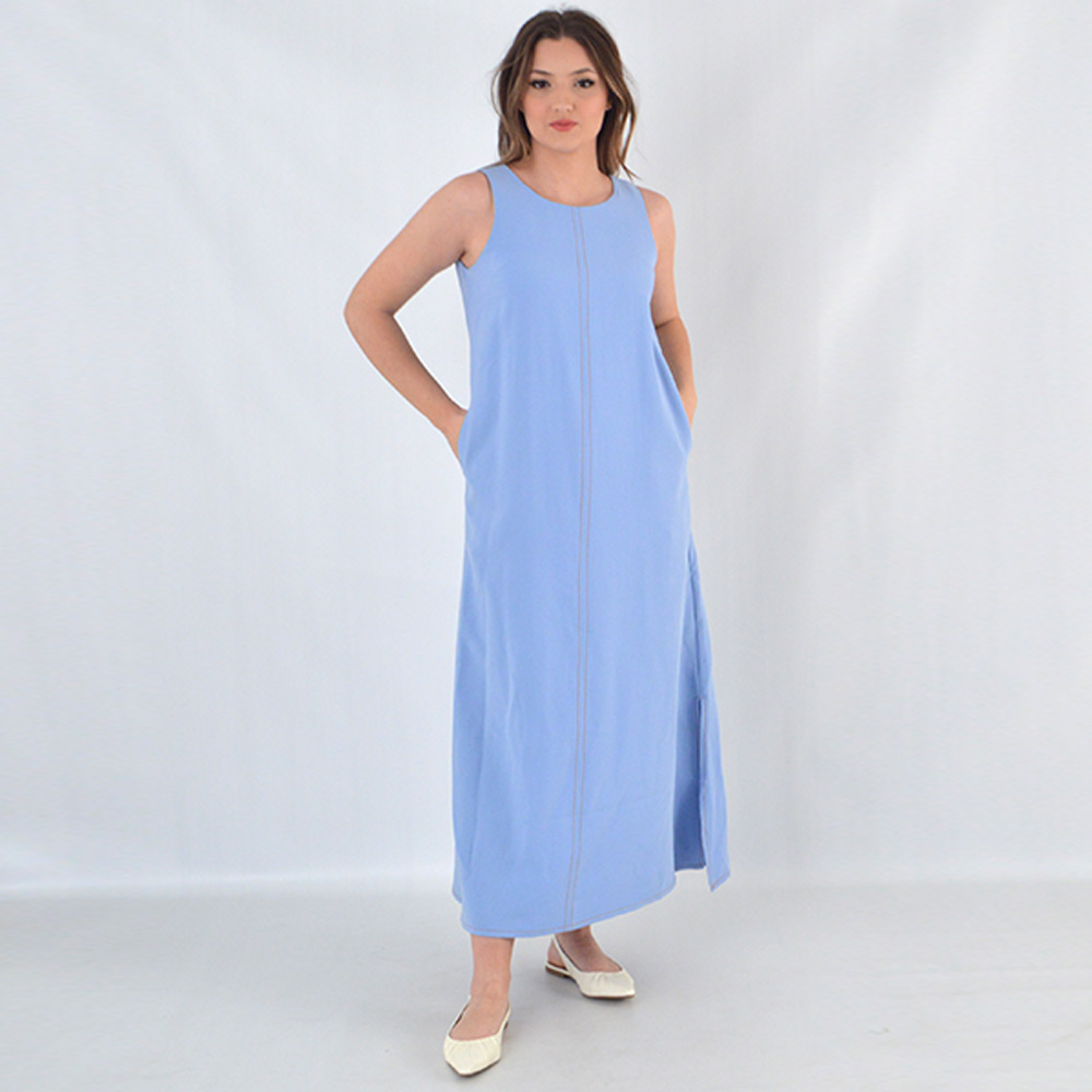 Vestido Viscose Azul Com Pesponto Del Amo - Foto 1