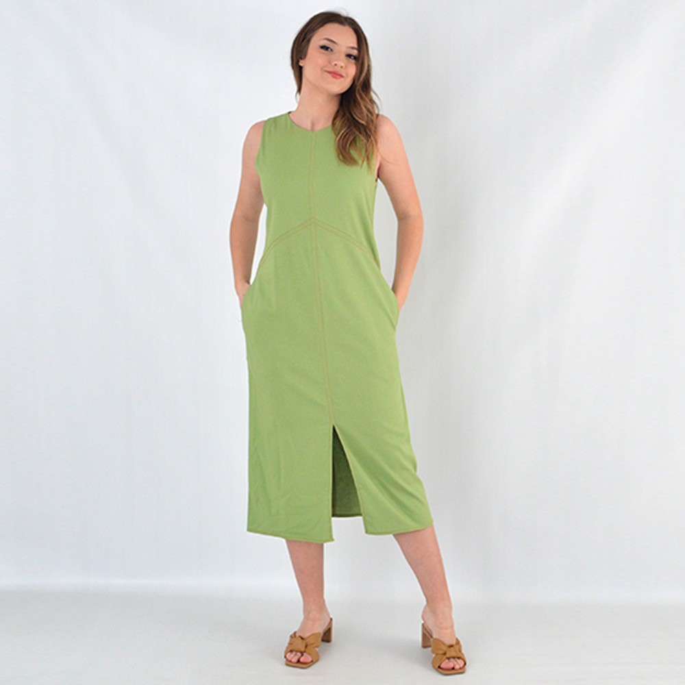 Vestido Midi Viscolinho Verde Com Pesponto Loderro - Foto 1