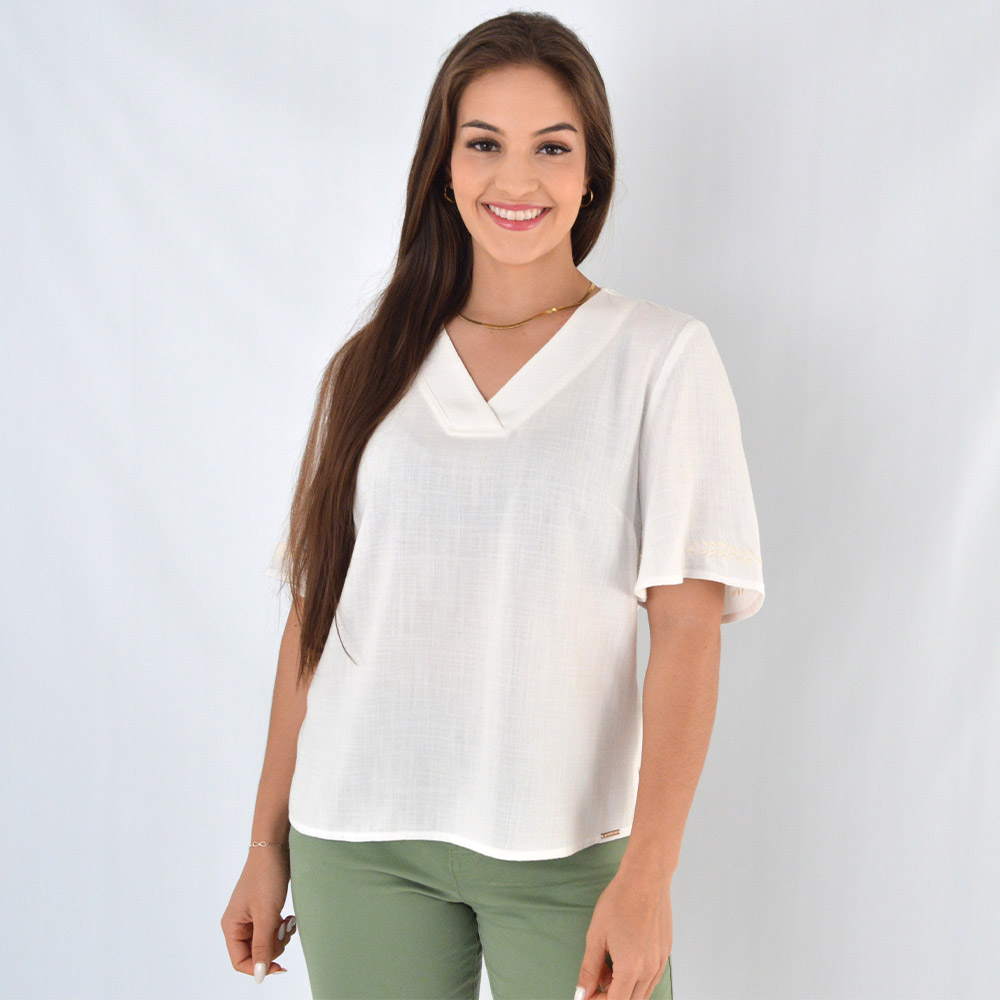 Blusa Viscolinho Com Bordados Off White Scalon - Foto 1