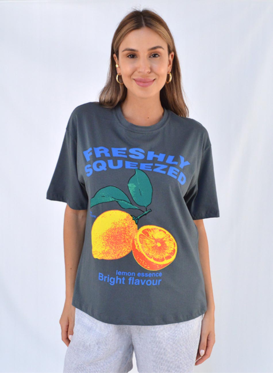 Maxi T-Shirt Em Algodo Cor Chumbo Freshly Squeezed - Foto 1