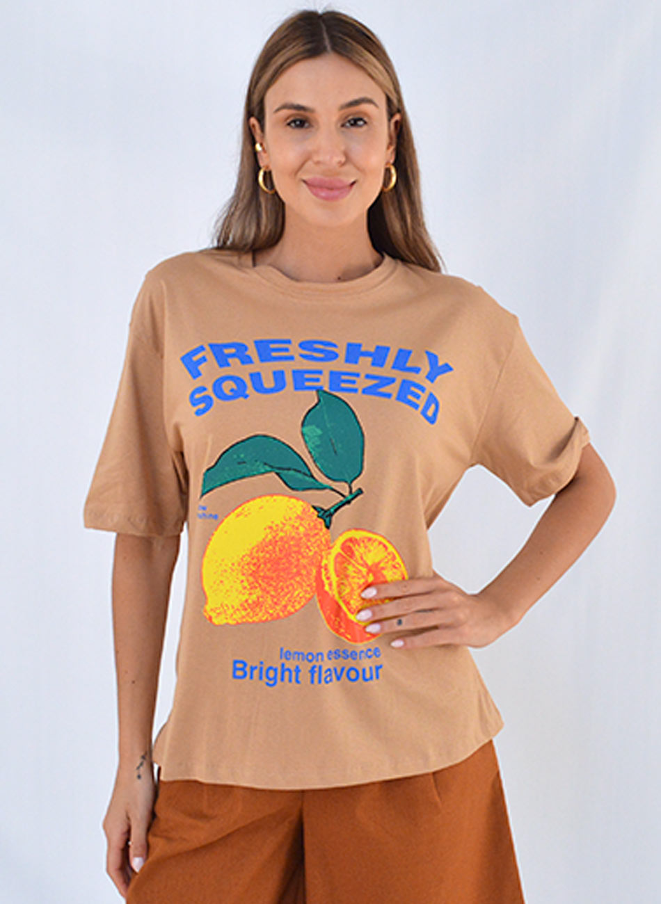 Maxi T-Shirt Em Algodo Cor Sepia Freshly Squeezed - Foto 1