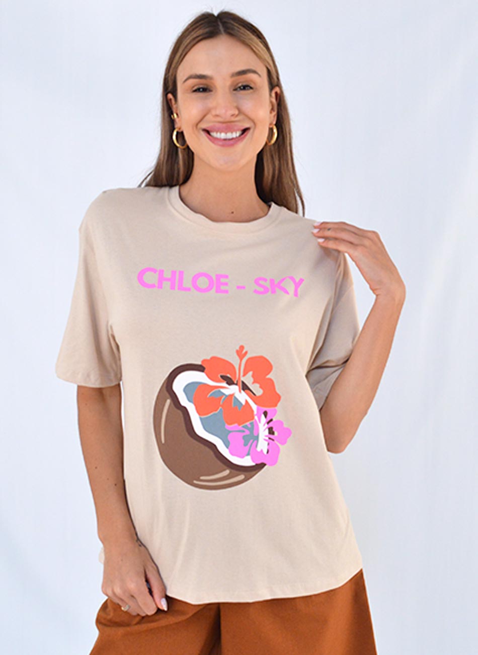 Maxi T-Shirt Em Algodo Cor Nude Chloe - Sky - Foto 1