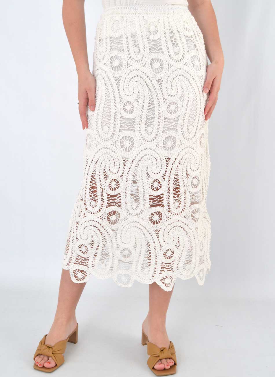 Saia Midi Tricot Vazado Cor Off White - Foto 1