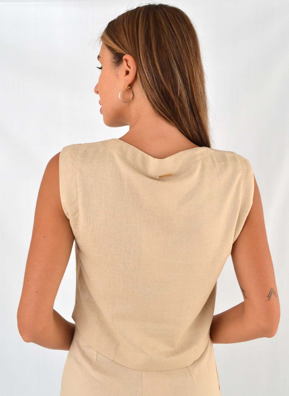 Blusa Cropped Viscose com Linho Cor Bege Flor de Lis - Foto 2