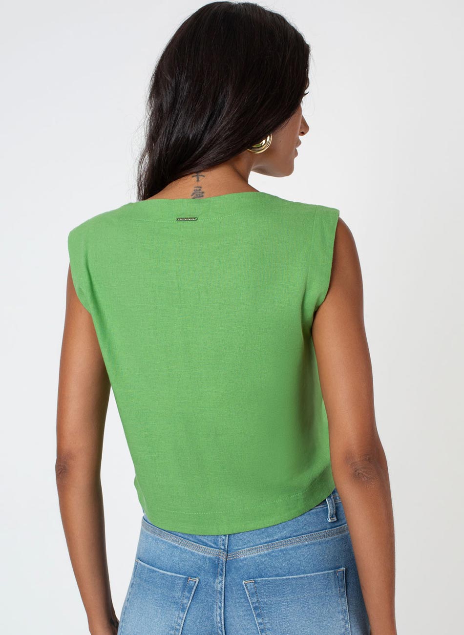 Blusa Cropped Viscose com Linho Cor Verde Flor de Lis - Foto 1