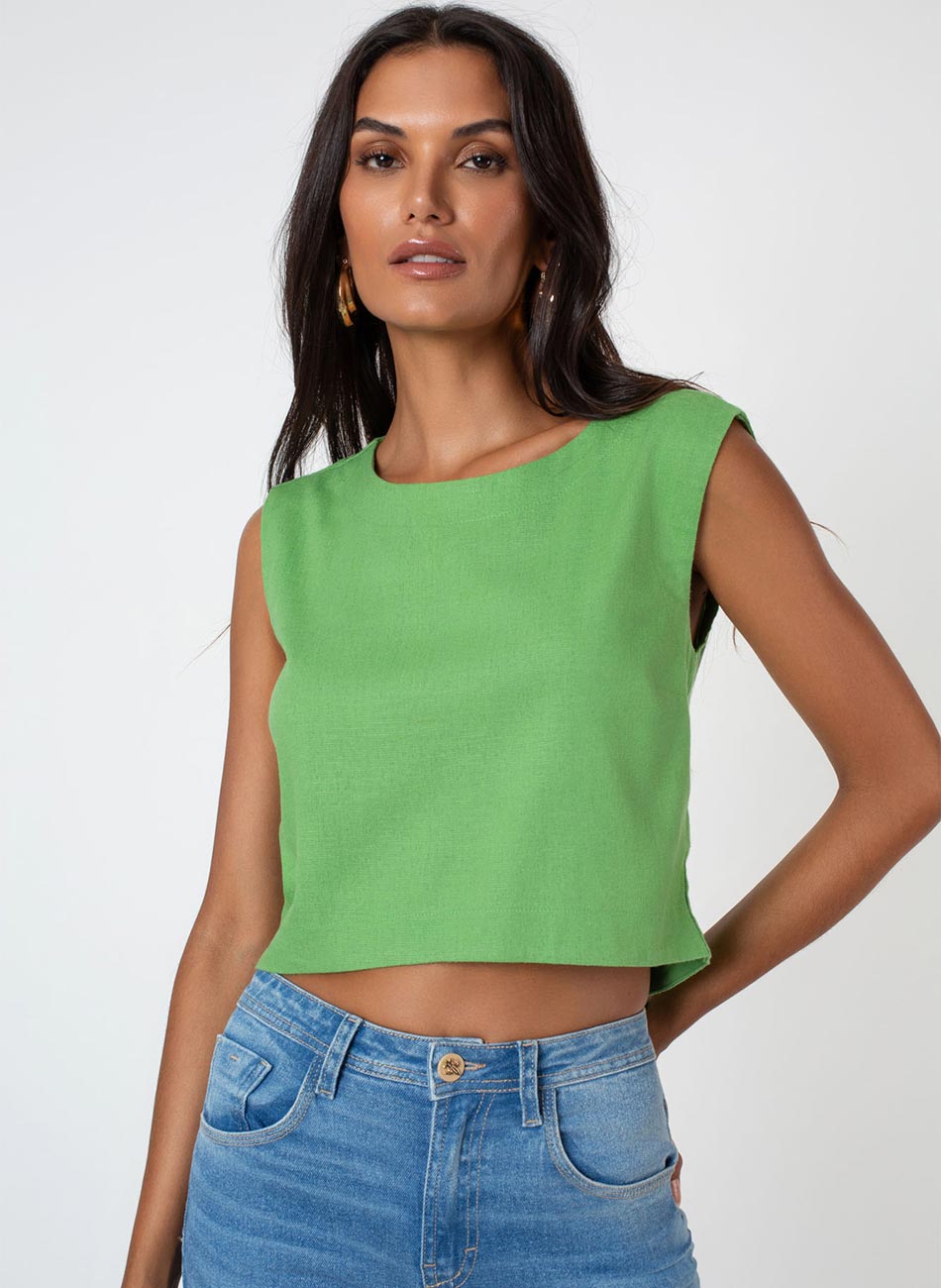 Blusa Cropped Viscose com Linho Cor Verde Flor de Lis - Foto 2