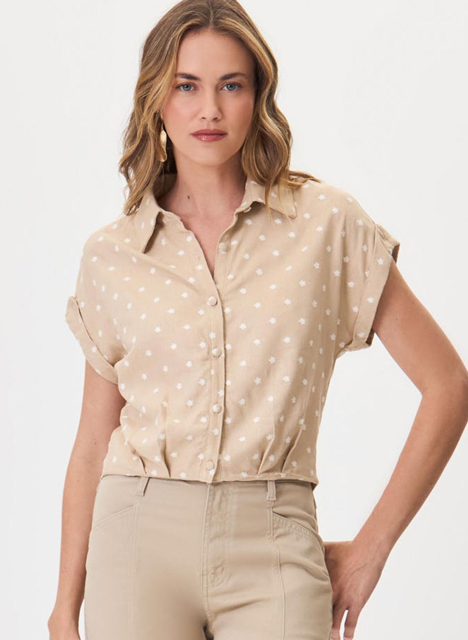 Camisa Cropped Cor Caqui com Bordados Flor de Lis - Foto 1