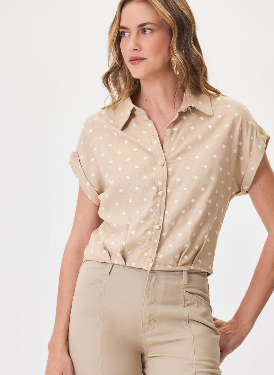 Camisa Cropped Cor Caqui com Bordados Flor de Lis - Foto 3