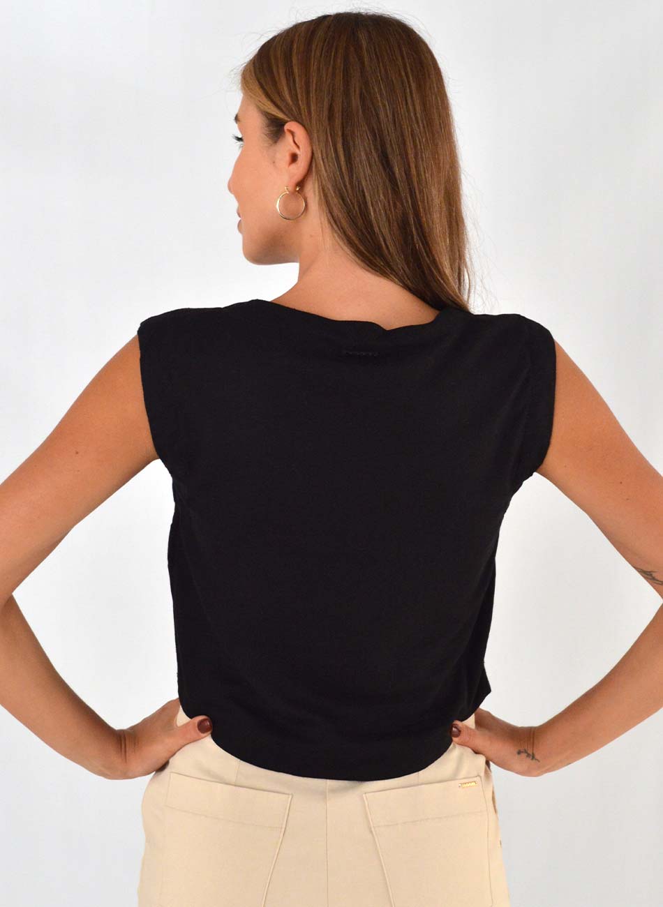 Blusa Cropped Viscose com Linho Cor Preta Flor de Lis - Foto 2