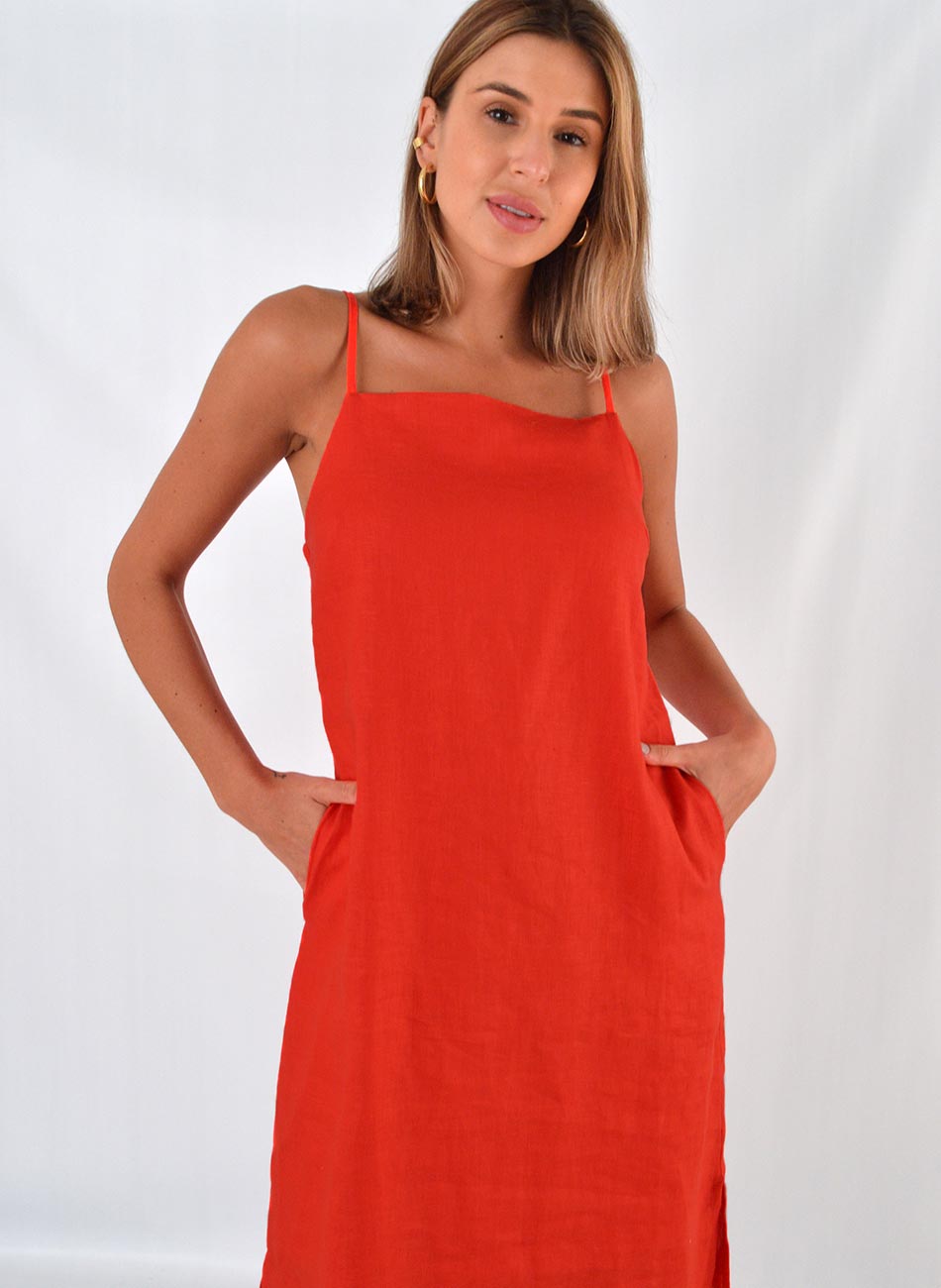 Vestido Vermelho Midi em Linho - Foto 2