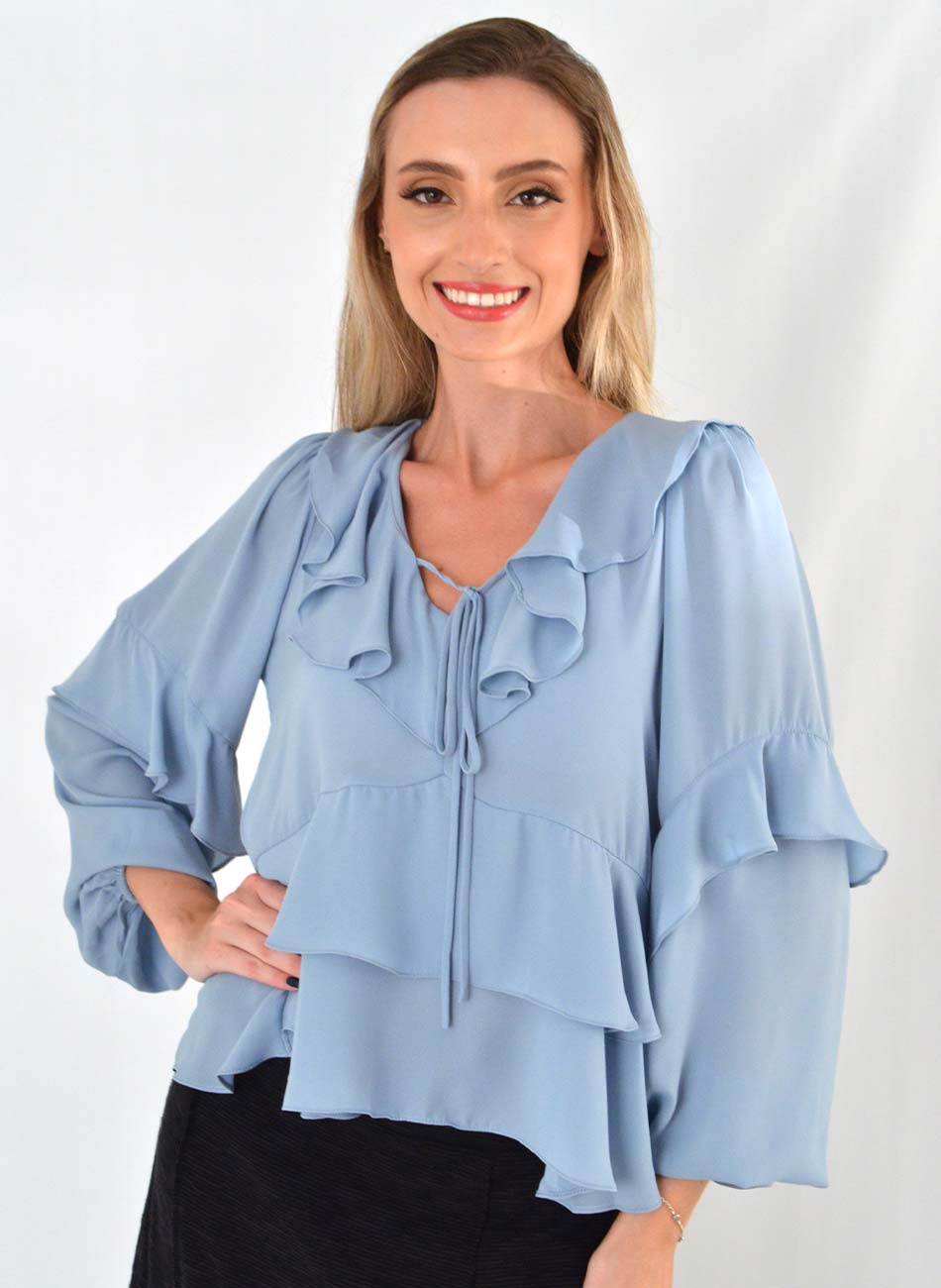 Blusa Manga Longa Babados MX Fashion Azul Claro - Foto 1