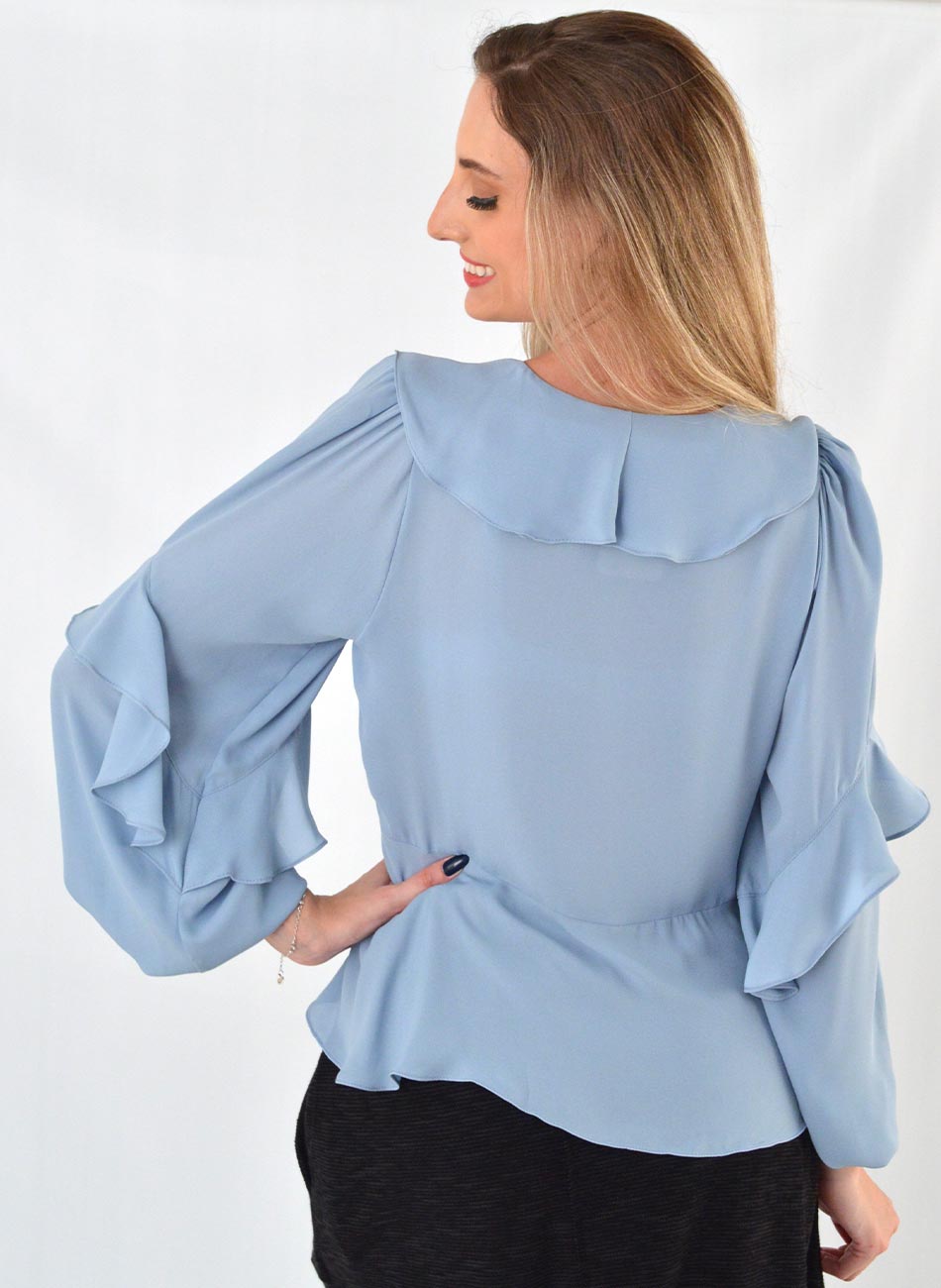 Blusa Manga Longa Babados MX Fashion Azul Claro - Foto 3