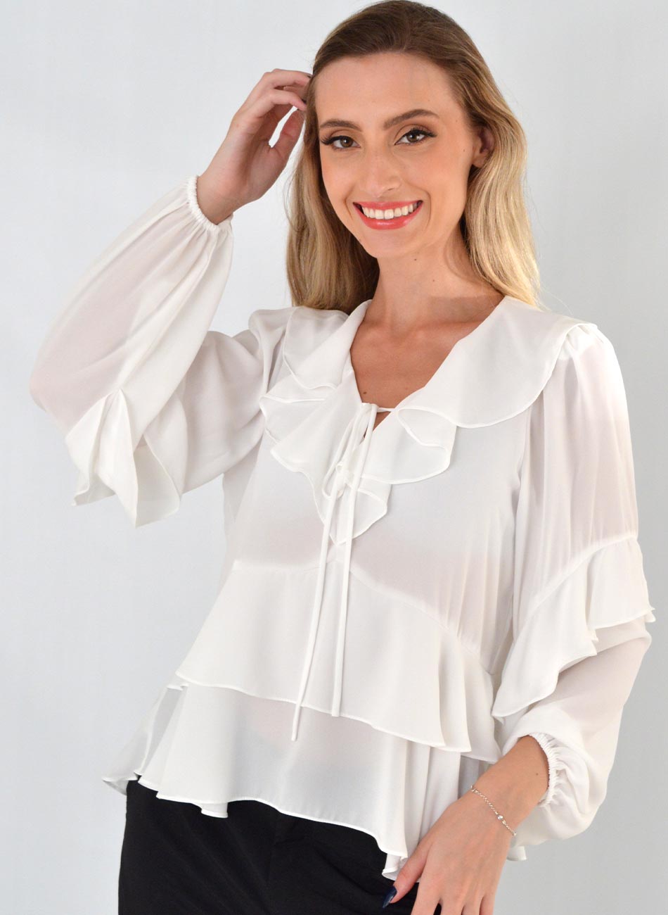 Blusa Manga Longa Babados MX Fashion Off White - Foto 1