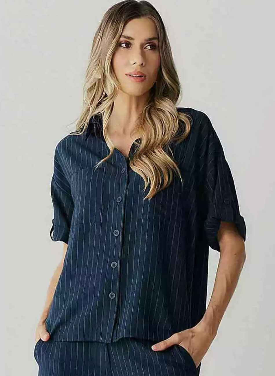 Camisa Oversized Risca de Giz Marinho Innocence - Foto 1