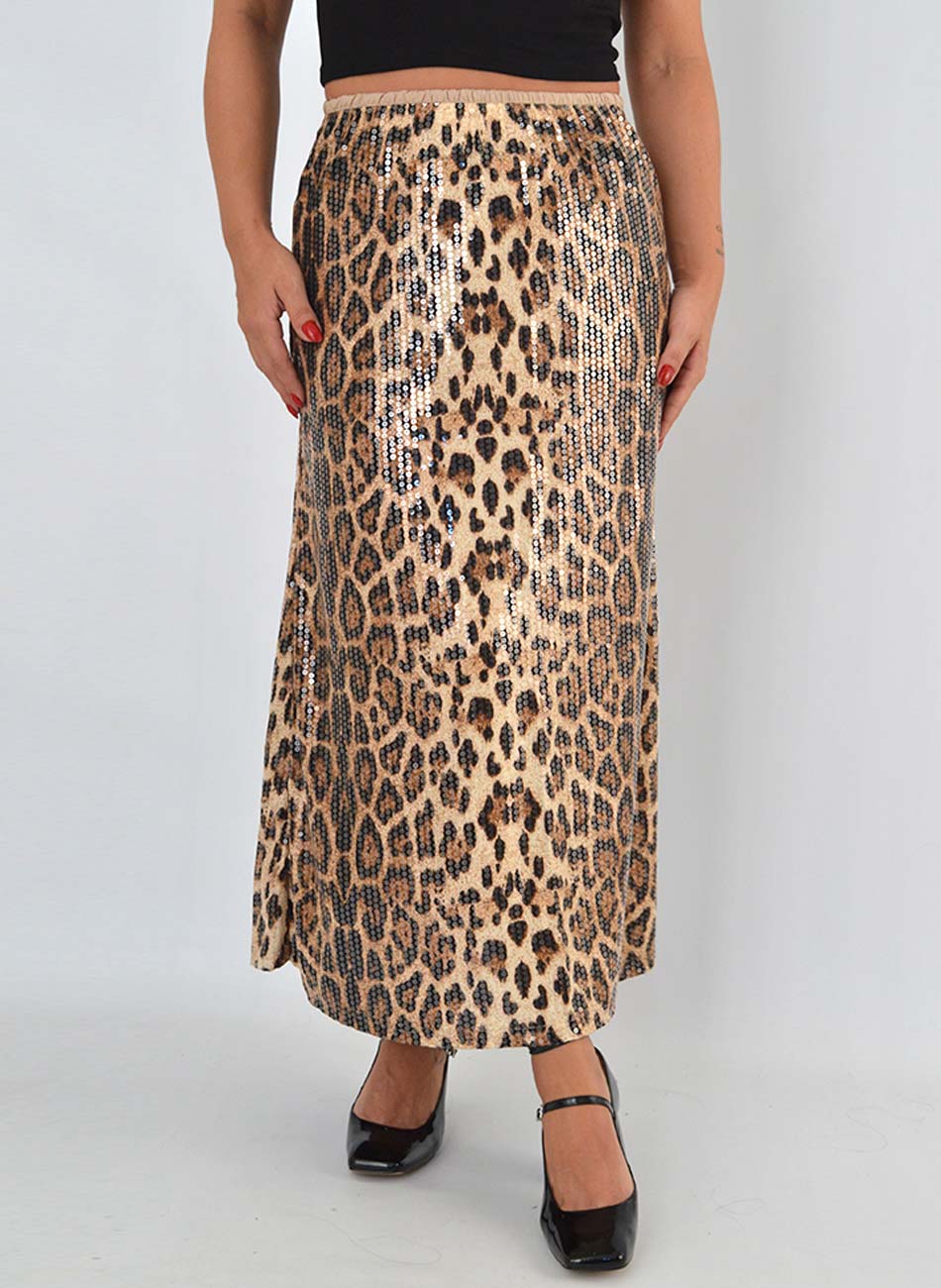 Saia Animal Print Paets Marrom - Foto 1