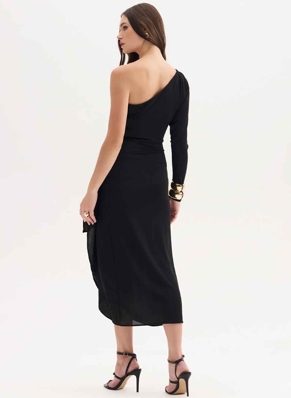 Vestido Midi One Shoulder Preto Flor de Lis - Foto 2