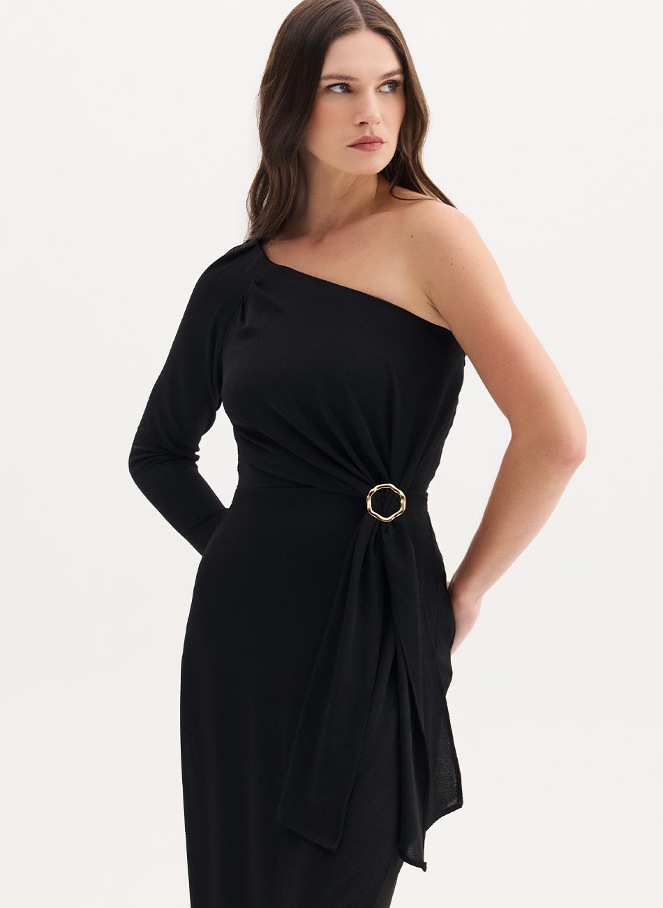 Vestido Midi One Shoulder Preto Flor de Lis - Foto 3