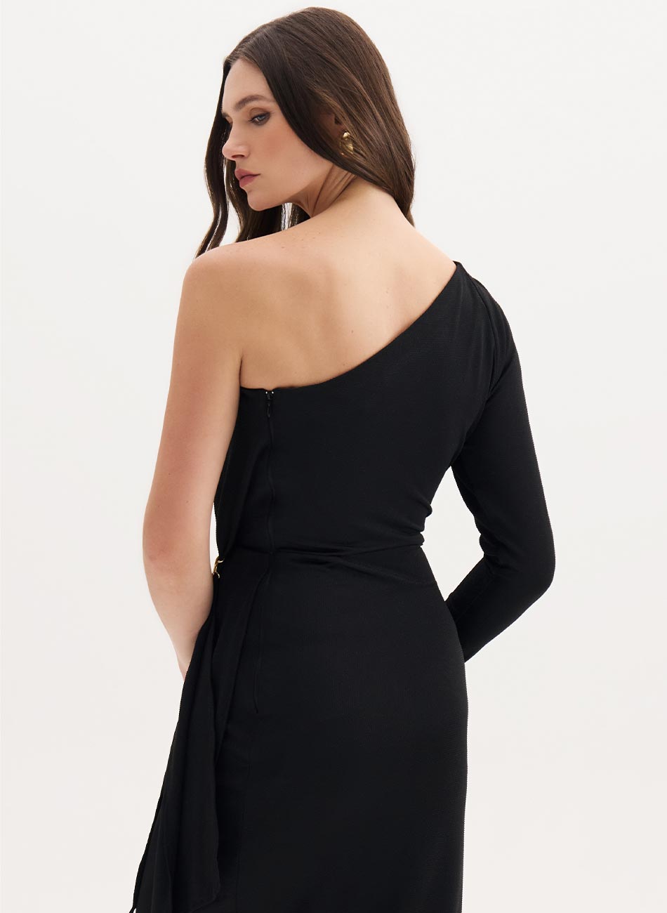 Vestido Midi One Shoulder Preto Flor de Lis - Foto 4