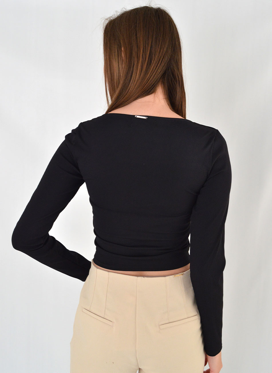 Blusa Cropped Canelada Cor Preta Flor de Lis - Foto 3