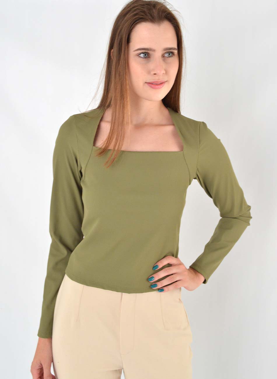 Blusa Justa Canelada Cor Verde Flor de Lis - Foto 1